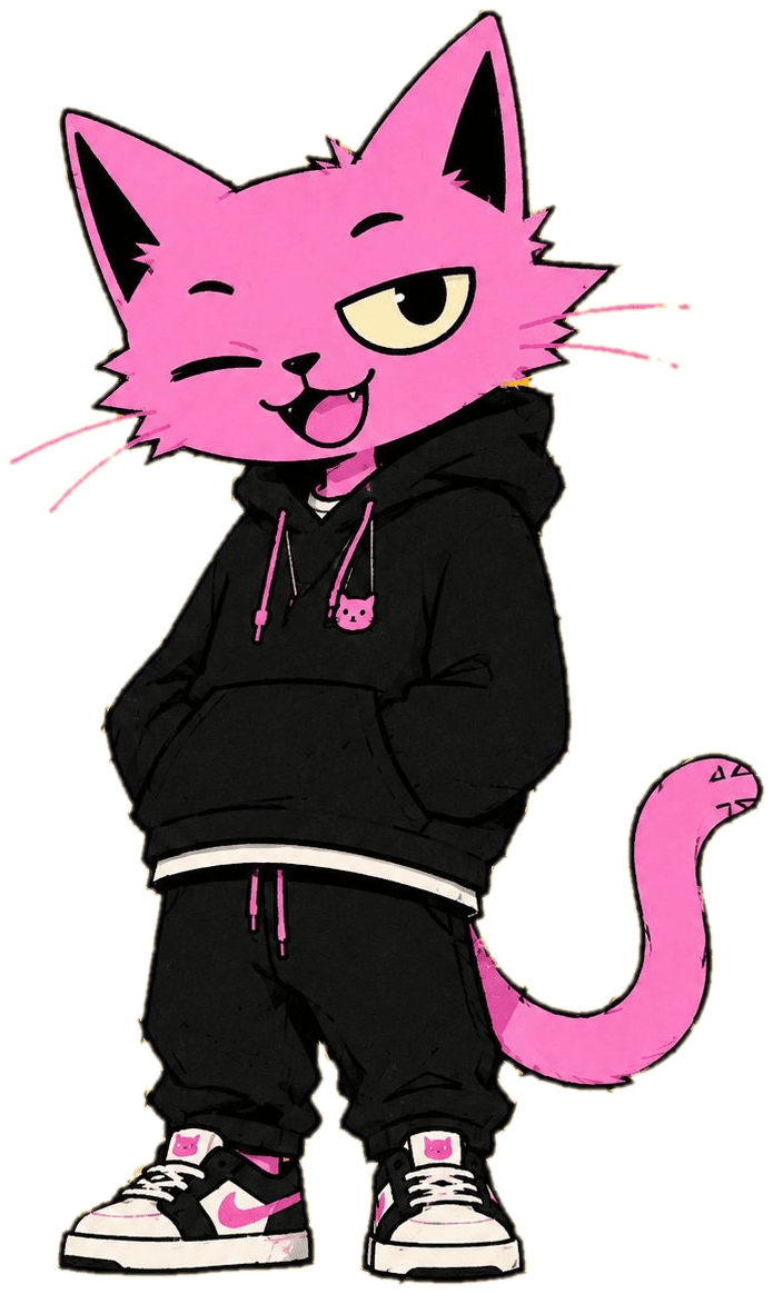 Puss, a pink cat in a black hoodie and sneakers, winking with its tongue out