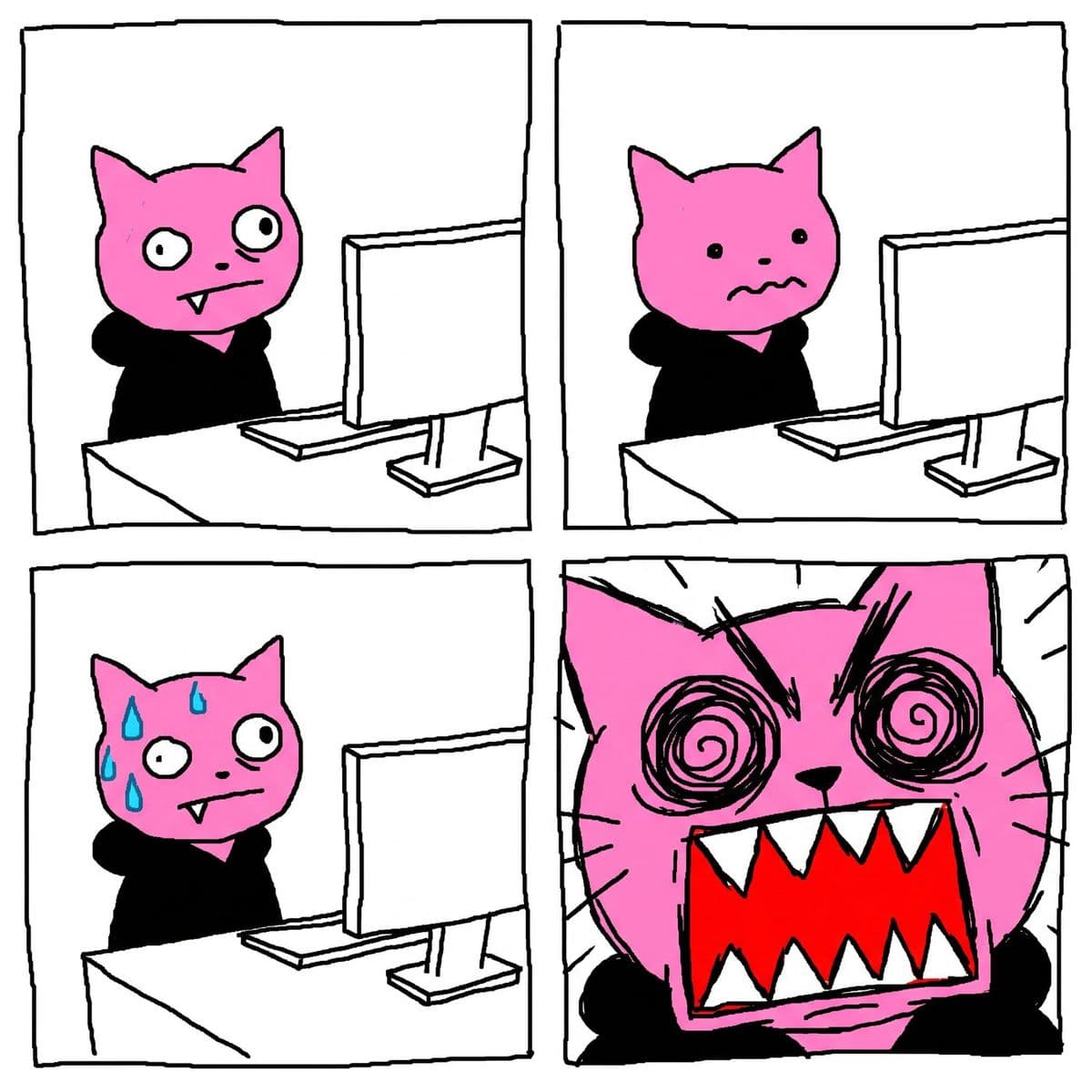 Four-panel comic: Puss loses focus at the screen, then snaps