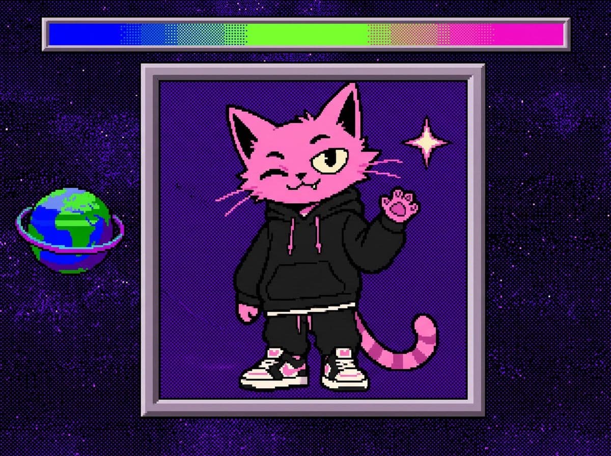 Puss in a pixel-art frame floating in space