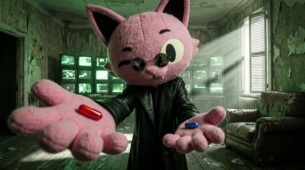 Puss in a long coat offering a red pill and a blue pill