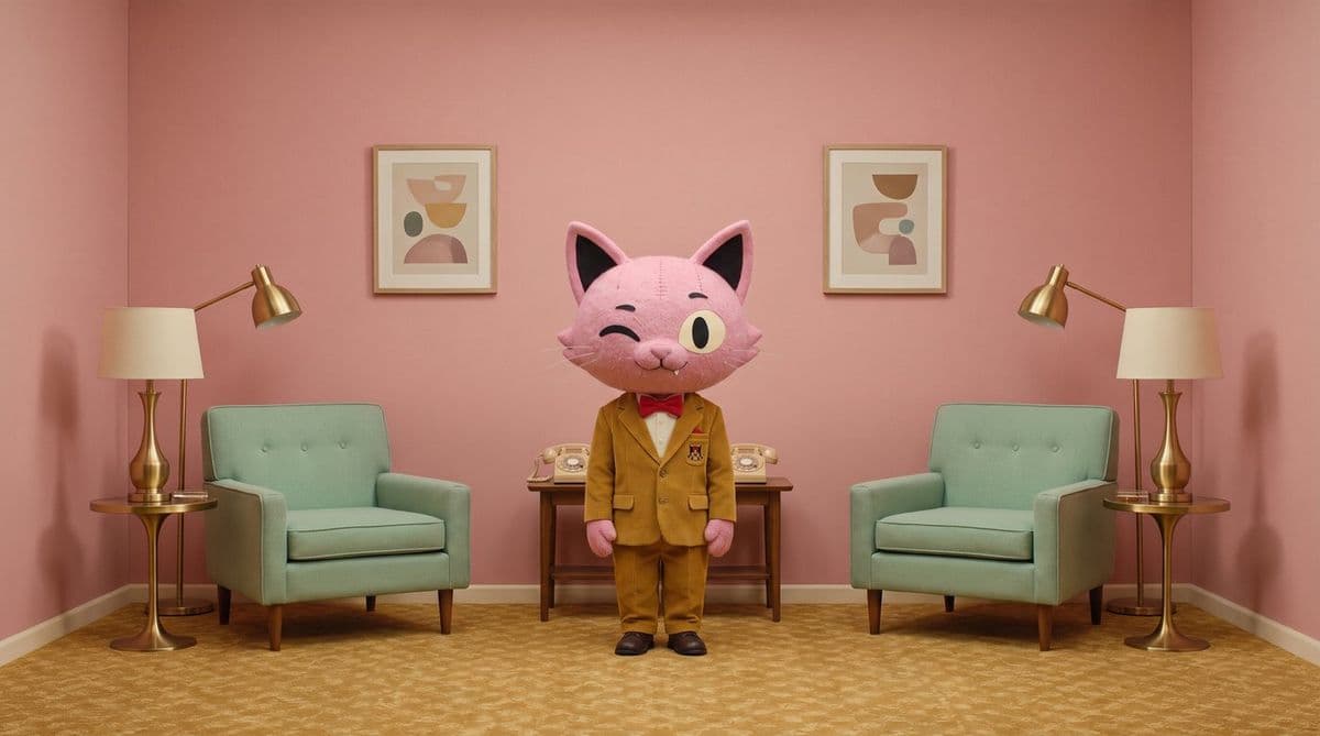 Puss in a suit centred in a symmetrical pink room