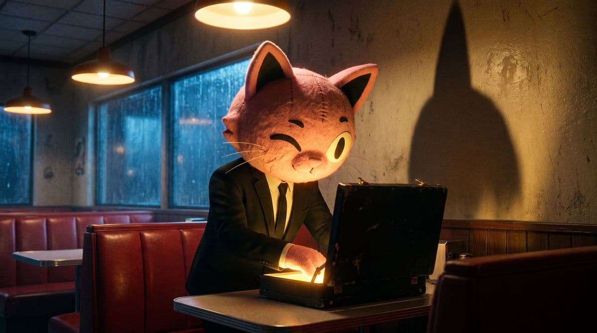 Puss opening a glowing briefcase in a dark diner